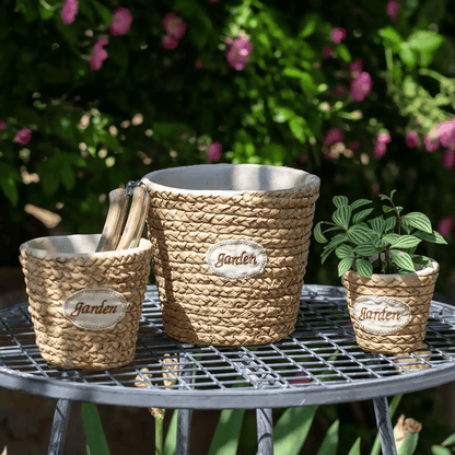 Garden Basket Cement Planter set of 3, natural woven rope with rims and garden patch labels on Tampa Home & Garden Store
