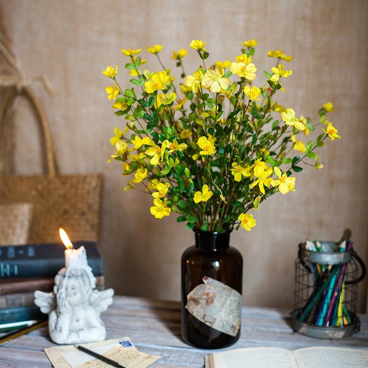 Faux silk gaura flower stem, 20 inches tall, yellow blooms in an amber bottle RusticReach on Tampa Home & Garden Store