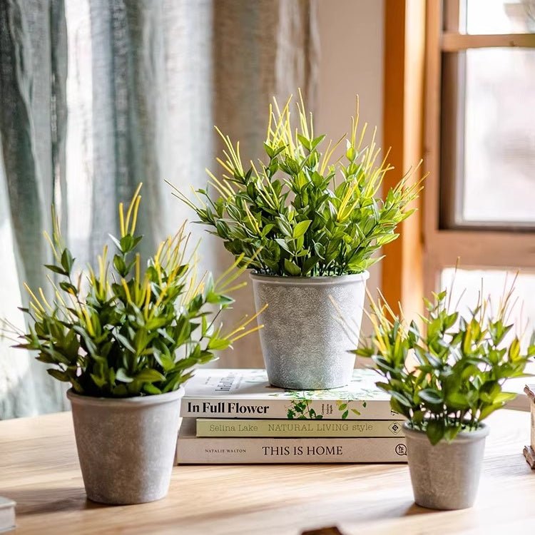 Golden Needle Potted Plant trio in gray metal pots, artificial flowering plants on Tampa Home & Garden Store