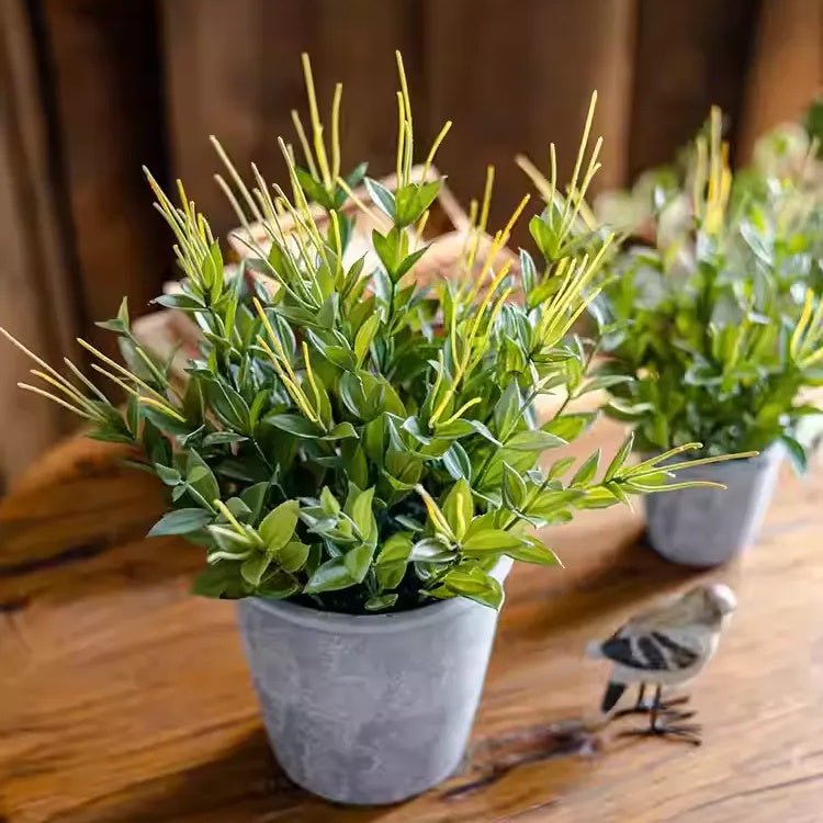 Golden Needle Potted Plant artificial greenery with green leaves gold stems in pots (2) on Tampa Home & Garden Store