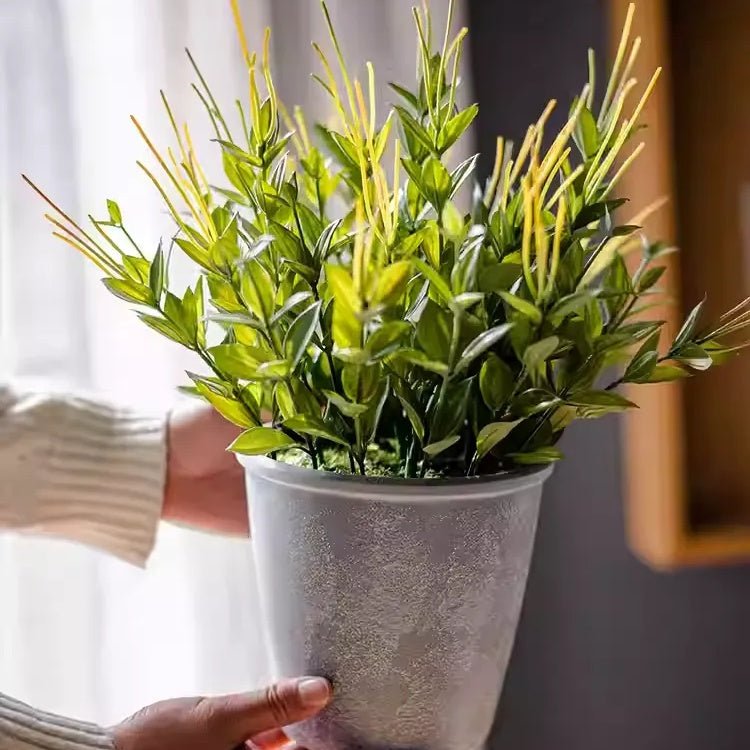 Golden Needle Potted Plant, artificial flowering plant by RusticReach in a textured gray pot on Tampa Home & Garden Store