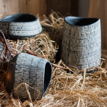 Geometry Line ceramic stoneware flower pot trio with dark gray glaze and white etched lines on Tampa Home & Garden Store