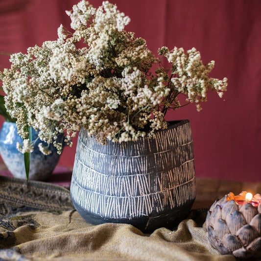 Geometry Line stoneware flower pot by RusticReach with white geometric lines on blue glaze on Tampa Home & Garden Store