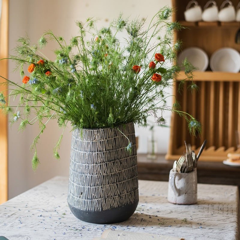 Geometry Line ceramic stoneware flower pot gray-blue with etched lines dark base RusticReach on Tampa Home & Garden Store