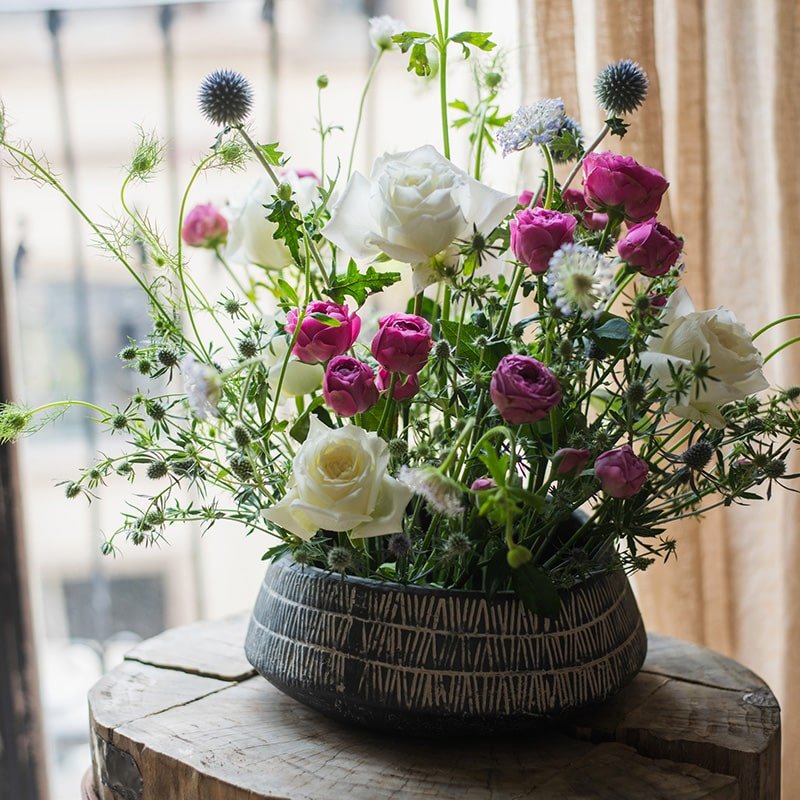Geometry Line ceramic stoneware flower pot holding white and pink roses by RusticReach on Tampa Home & Garden Store