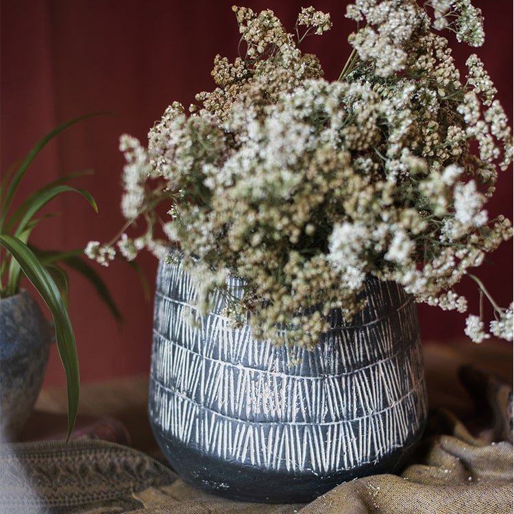 Geometry Line ceramic stoneware flower pot in geometric pattern, filled with dried blooms on Tampa Home & Garden Store