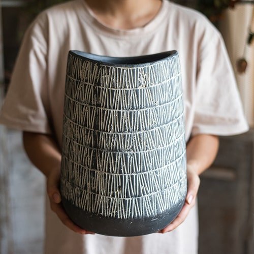 Geometry Line Ceramic Stoneware Flower Pot by RusticReach in gray with geometric lines on Tampa Home & Garden Store