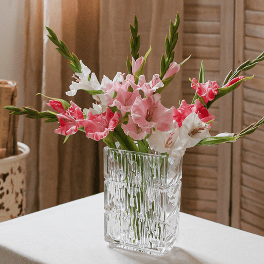 Faux Silk Artificial Gladiolus Flower Stem RusticReach in a crystal vase with white blooms on Tampa Home & Garden Store