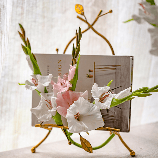 Faux Silk Gladiolus Flower Stem by RusticReach with white and pink blooms on stand on Tampa Home & Garden Store