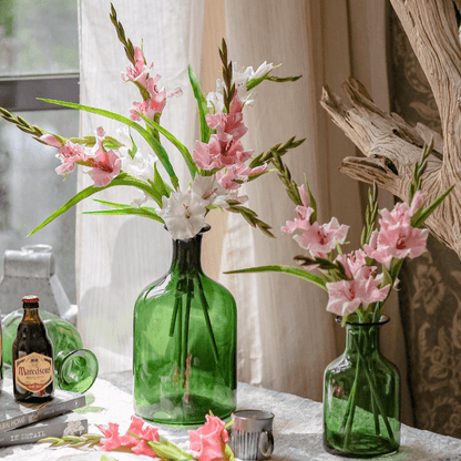 Faux Silk Gladiolus Flower Stems in a pair of green glass vases with pink and white blooms on Tampa Home & Garden Store