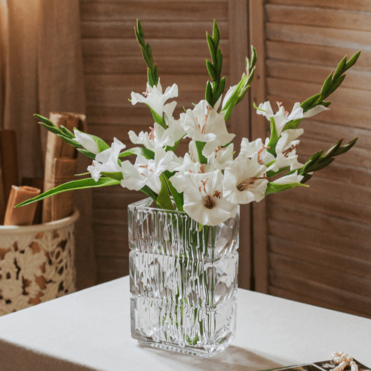 Faux Silk Gladiolus Stem by RusticReach, white blooms with green stems in a crystal vase on Tampa Home & Garden Store