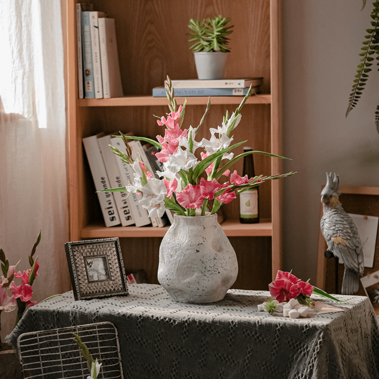 Faux Silk Gladiolus Stems in RusticReach vase with pink and white blooms on Tampa Home & Garden Store