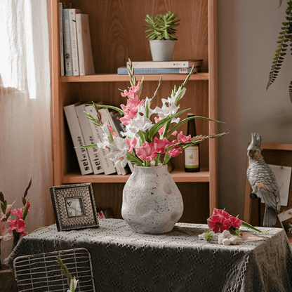 Faux Silk Gladiolus Stems in RusticReach vase with pink and white blooms on Tampa Home & Garden Store
