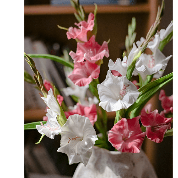 Faux Silk Gladiolus Flower Stem with white and pink blooms RusticReach in a vase on Tampa Home & Garden Store