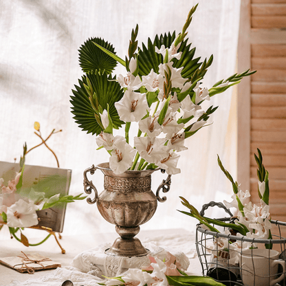 Faux Silk Gladiolus Flower Stem in white with green foliage in an ornate metal vase RusticReach on Tampa Home & Garden Store