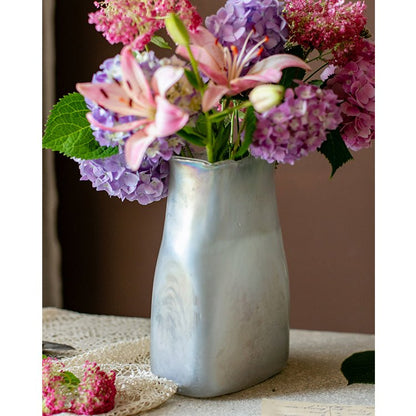 Gradient color art glass vase by RusticReach with pink lilies and purple hydrangeas on Tampa Home & Garden Store