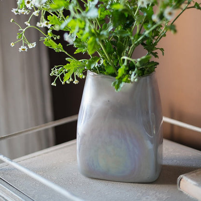 Gradient Color Art Glass Vase by RusticReach with iridescent silver glaze and fresh greenery on Tampa Home & Garden Store