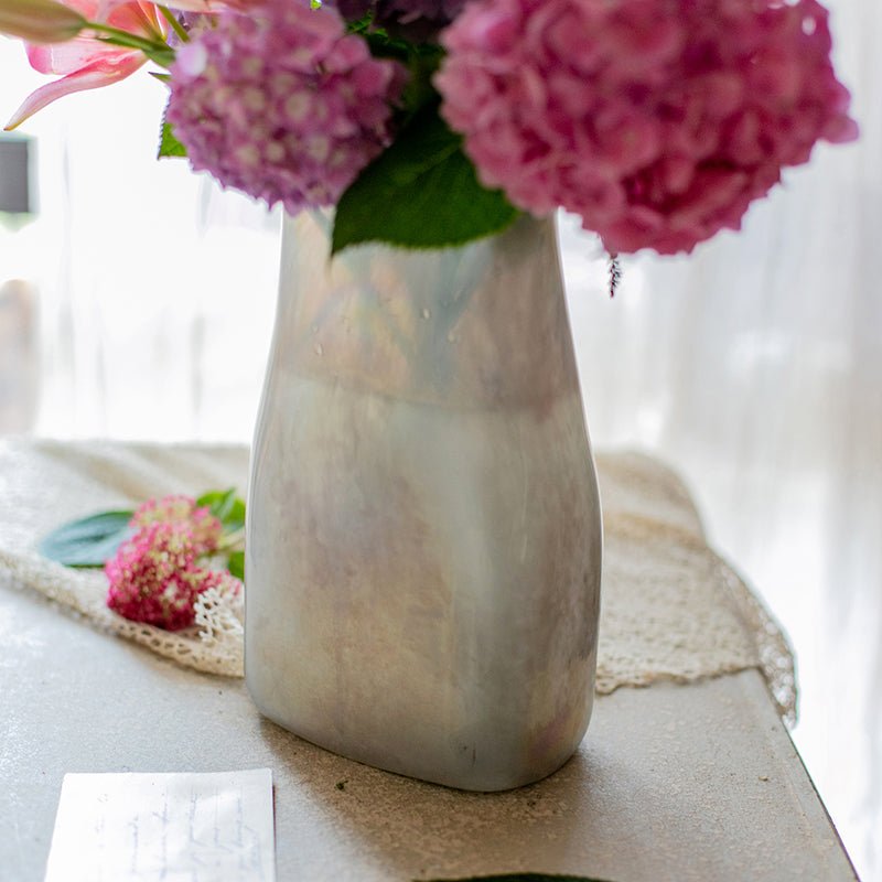Gradient Color Art Glass Vase by RusticReach with iridescent finish, pink hydrangeas on Tampa Home & Garden Store