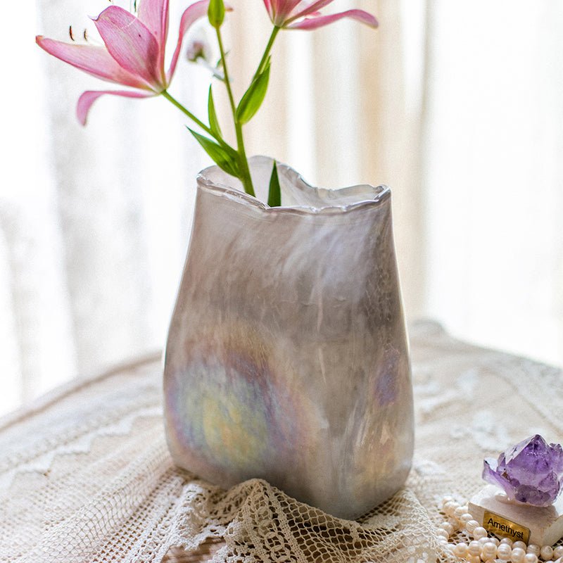 Gradient color art glass vase by RusticReach, iridescent gray-purple finish on Tampa Home & Garden Store