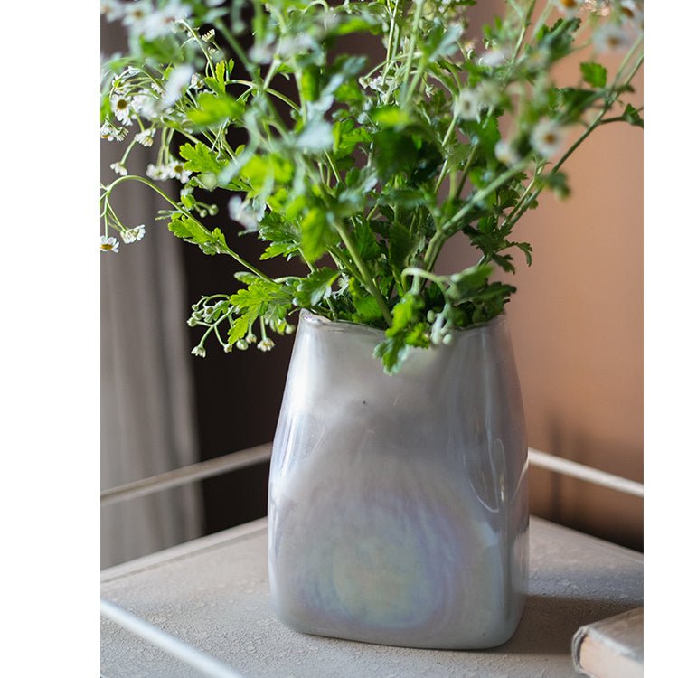Gradient Color Art Glass Vase by RusticReach with iridescent glaze holding greenery on Tampa Home & Garden Store