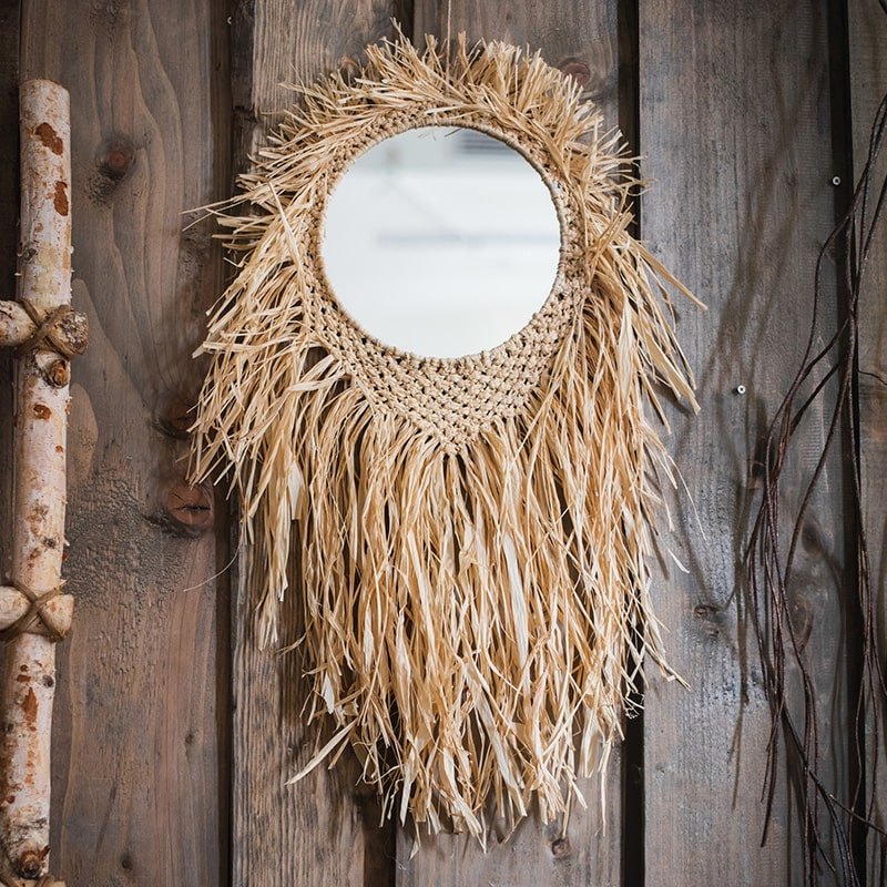 Handcraft Grass Hanging Round Mirror with natural straw fringe by RusticReach, wall decor on Tampa Home & Garden Store