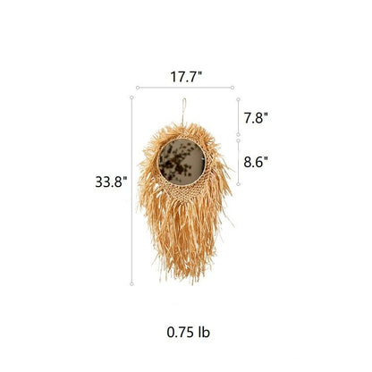 Handcraft Grass Hanging Round Mirror by RusticReach with natural straw fringe wall decor on Tampa Home & Garden Store