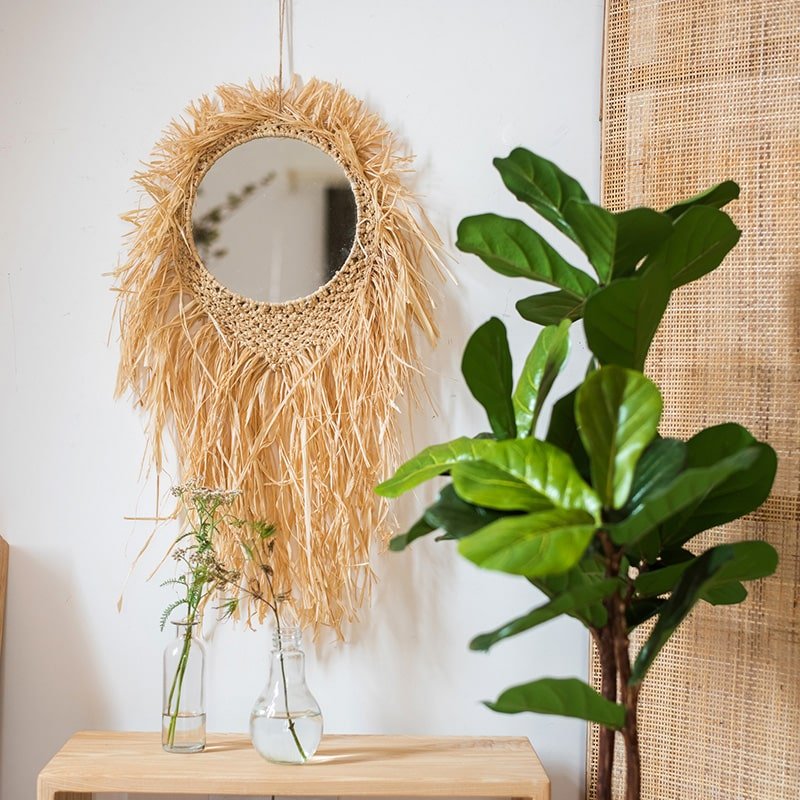 Handcraft Grass Hanging Round Mirror by RusticReach, natural straw fringe decor on Tampa Home & Garden Store