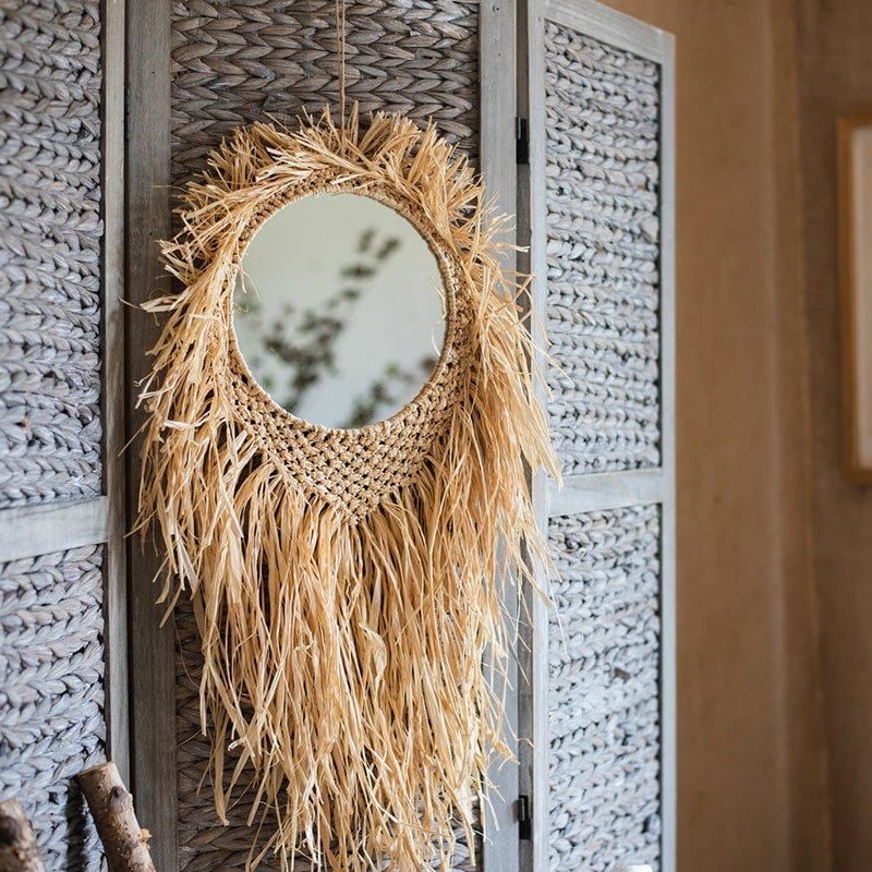 Handcraft Grass Hanging Round Mirror RusticReach natural beige fringe woven frame on Tampa Home & Garden Store
