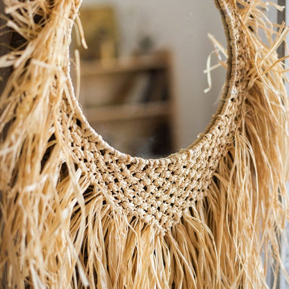 Handcraft Grass Hanging Round Mirror RusticReach with woven natural fiber frame and fringe on Tampa Home & Garden Store