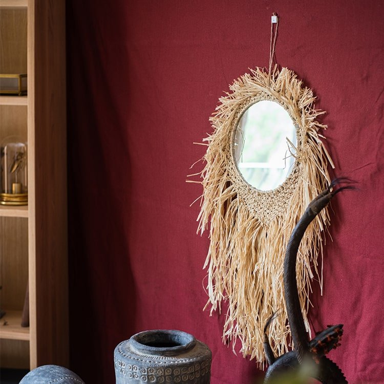 Handcraft Grass Hanging Round Mirror natural straw fringe RusticReach wall decor on Tampa Home & Garden Store