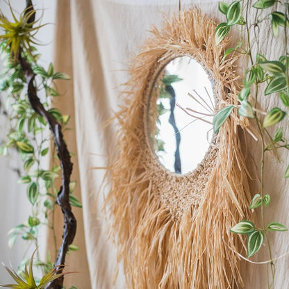 Handcraft Grass Hanging Round Mirror with natural tan fringe for boho wall decor on Tampa Home & Garden Store