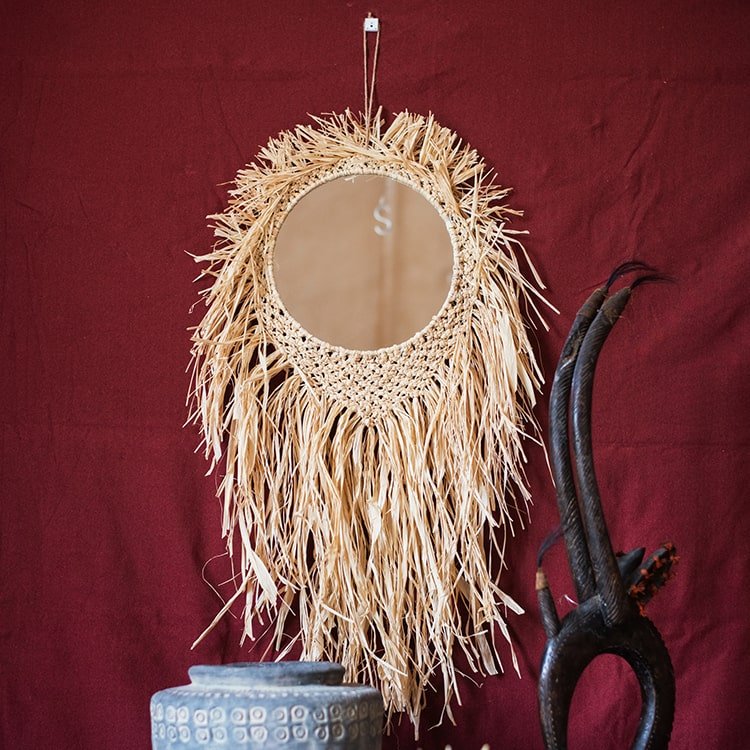 Handcraft Grass Hanging Round Mirror by RusticReach, natural straw fringe, wall decor on Tampa Home & Garden Store