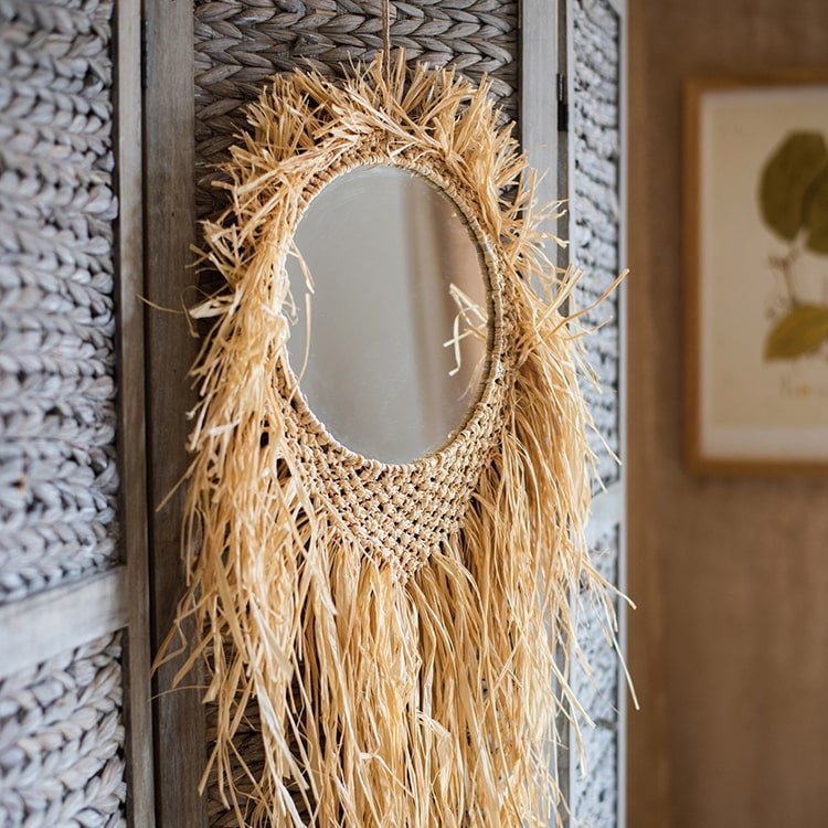 Handcraft Grass Hanging Round Mirror by RusticReach with natural beige straw fringe on Tampa Home & Garden Store