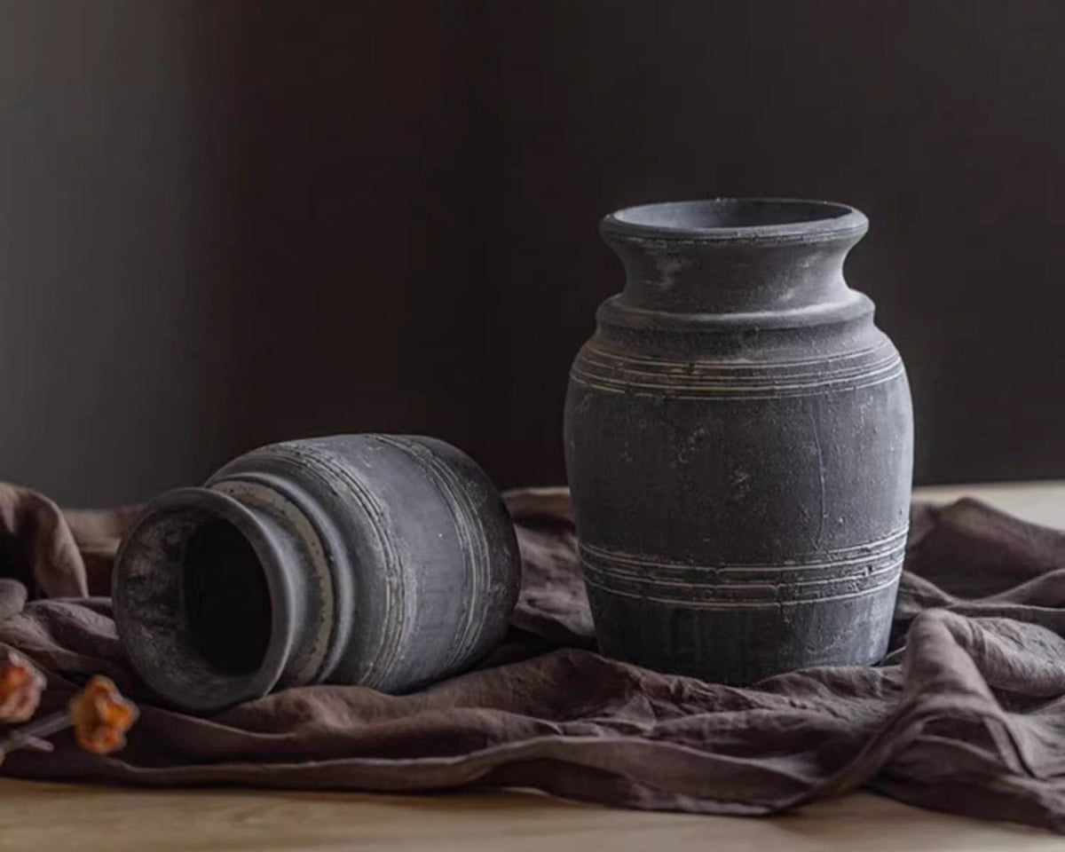 Handmade gray clay pottery vase by RusticReach, rustic finish, 2 vases shown on Tampa Home & Garden Store
