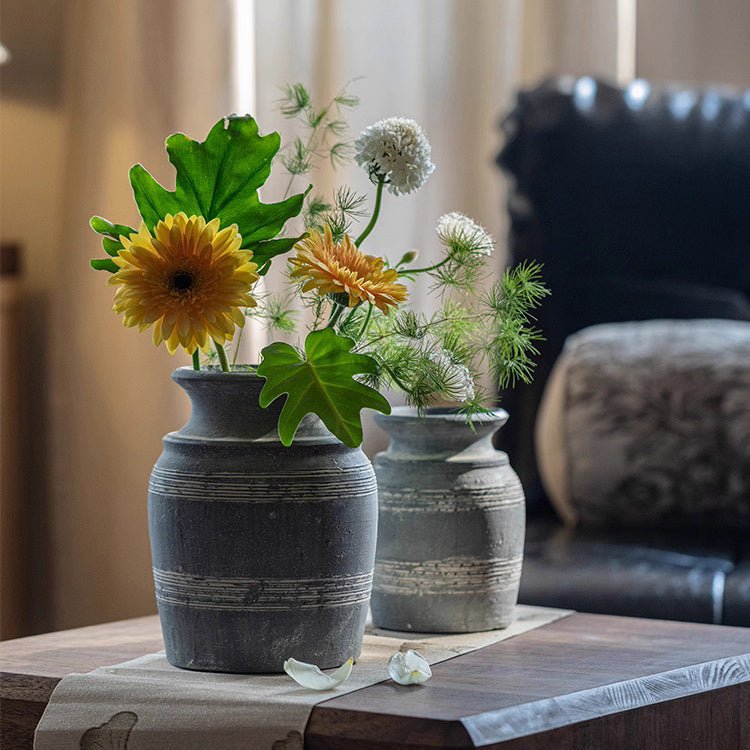 Handmade gray clay pottery vases (2) from RusticReach with sunflowers and greenery on Tampa Home & Garden Store