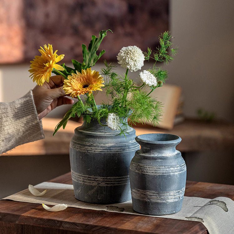 Handmade Gray Clay Vase pair by RusticReach with gray banding, flowers on a wooden table on Tampa Home & Garden Store
