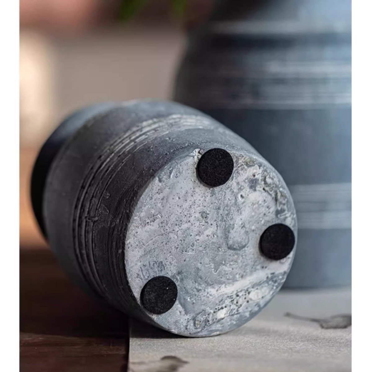 Handmade gray clay pottery vase by RusticReach with textured glaze and felt pads on base on Tampa Home & Garden Store