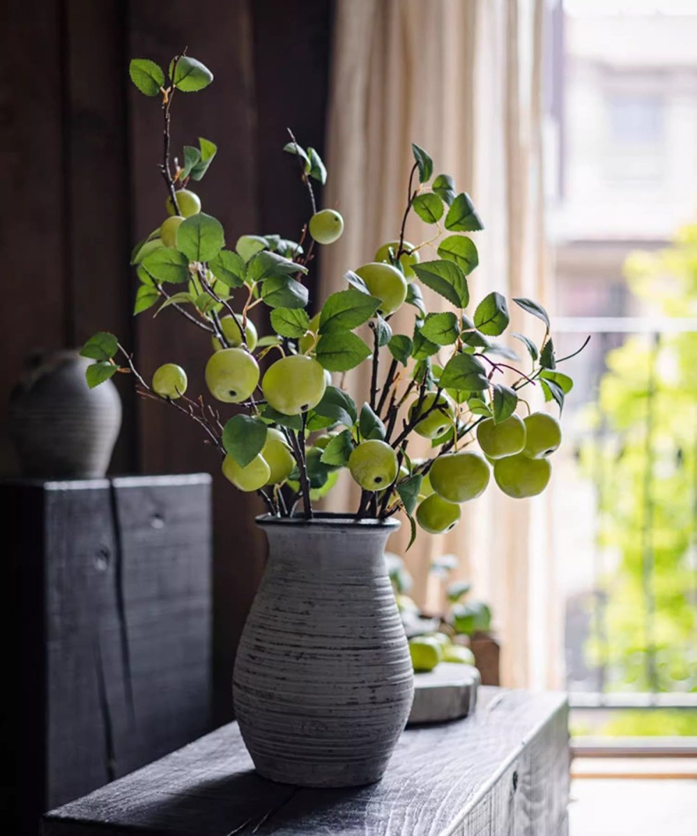 Artificial green apple branch with leaves by RusticReach in a grey ceramic vase on Tampa Home & Garden Store