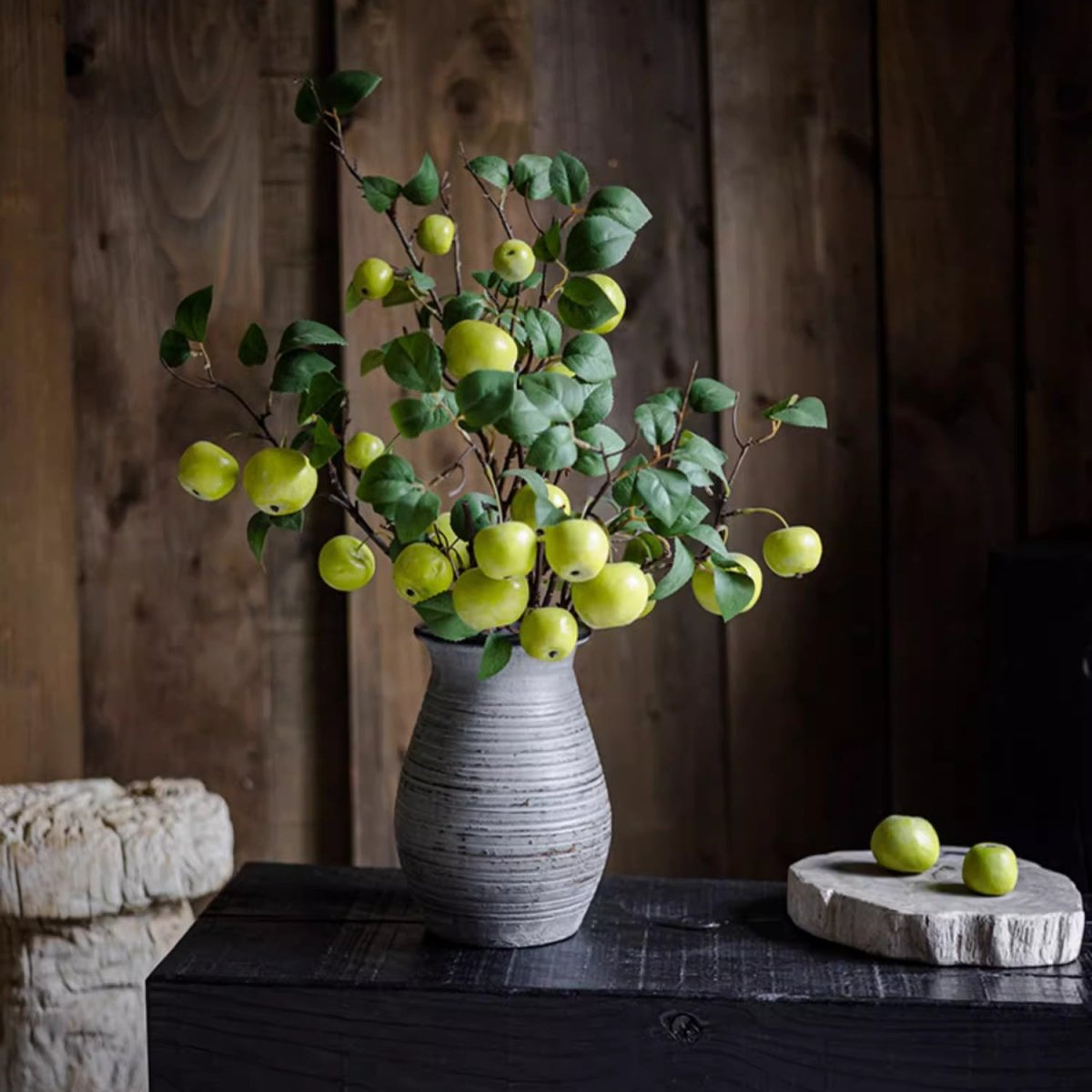 Artificial green apple branch with leaves in a gray ceramic vase by RusticReach on Tampa Home & Garden Store