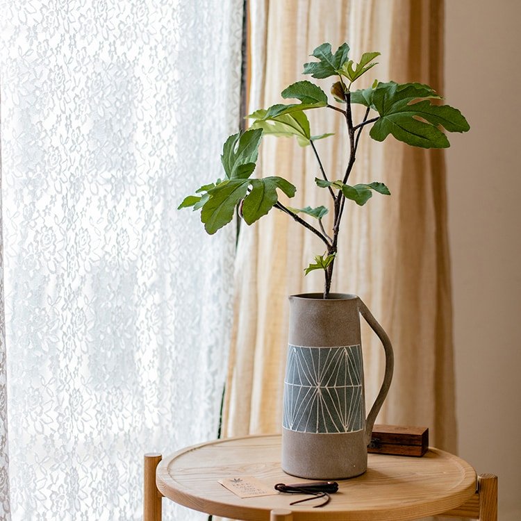 Gray Blue Handpainted Terracotta Table Vase by RusticReach with geometric band and foliage on Tampa Home & Garden Store