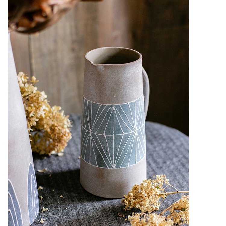 RusticReach gray blue handpainted terracotta table vase with a geometric white line motif on Tampa Home & Garden Store