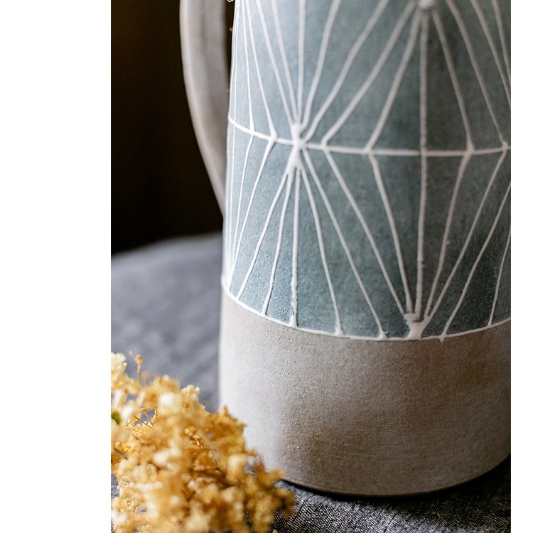Gray blue handpainted terracotta table vase with white geometric lines by RusticReach on Tampa Home & Garden Store