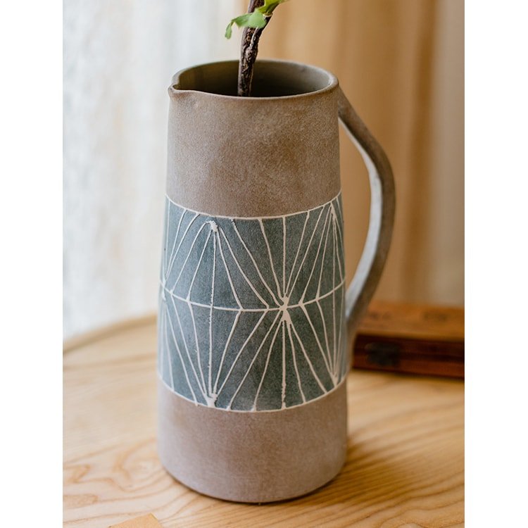 RusticReach gray blue handpainted terracotta table vase with geometric band and handle on wood on Tampa Home & Garden Store