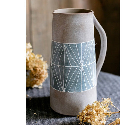 Gray blue handpainted terracotta table vase by RusticReach with geometric white line band on Tampa Home & Garden Store