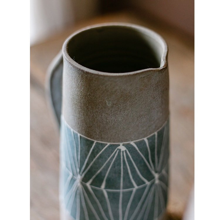 Gray blue handpainted terracotta table vase with teal body and white lines by RusticReach on Tampa Home & Garden Store
