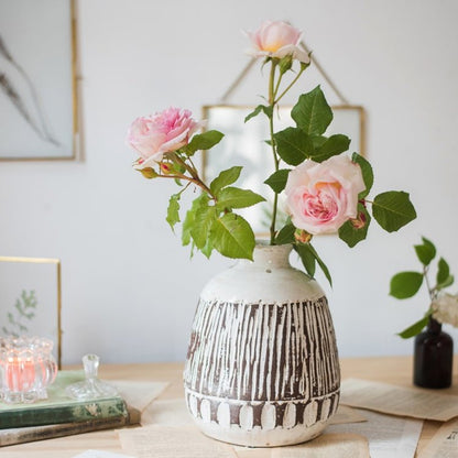 RusticReach Handcrafted ceramic pottery vase brown with pink roses on Tampa Home & Garden Store