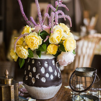 Handcrafted ceramic vase brown with white speckles RusticReach filled with yellow roses on Tampa Home & Garden Store