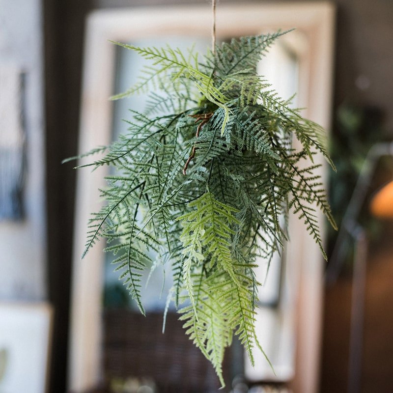 Faux Artificial Asparagus Setaceus Hanging Fern Plant by RusticReach, green feathery fronds on Tampa Home & Garden Store