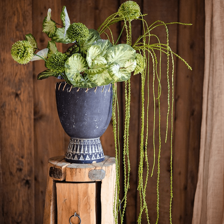 Artificial Vine Hanging Thin Stem in blue ceramic vase with green leaves and trailing vines on Tampa Home & Garden Store