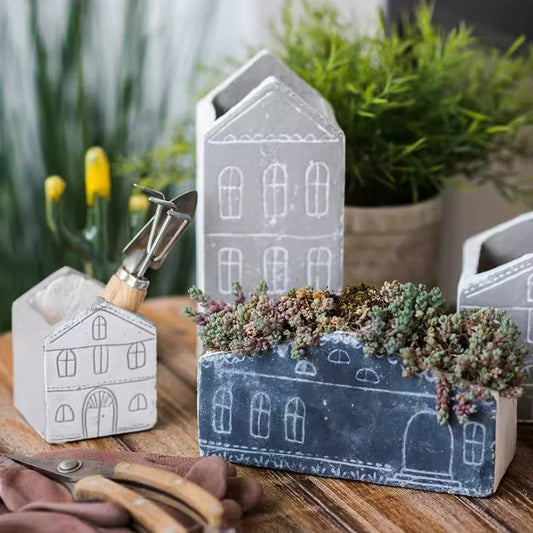 TinyHome Clay Planters RusticReach: three blue planters with chalk windows and succulents on Tampa Home & Garden Store